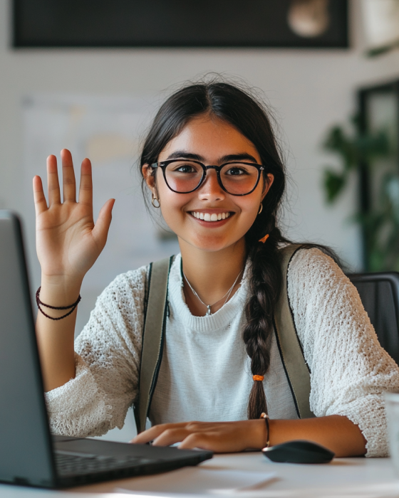 Student, der während des Online-Unterrichts mit coLanguage in die Kamera winkt